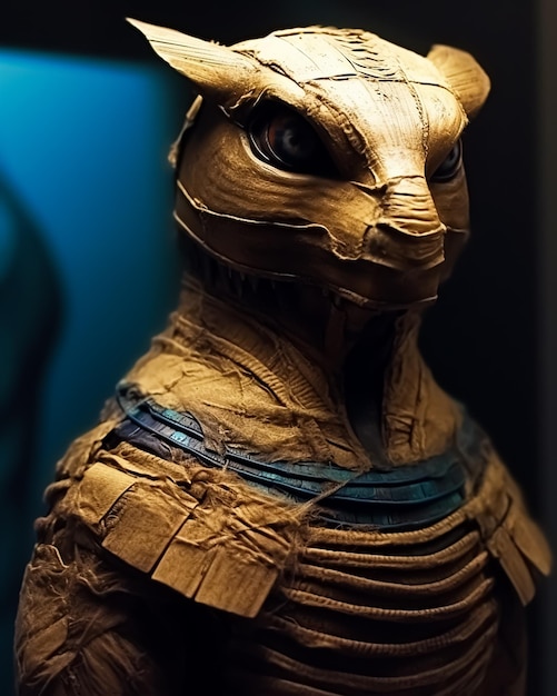 Фото Статуя мумии с синей лампой за ней