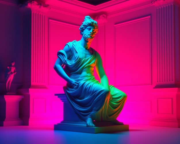 Фото Статуя женщины сидит в розово-голубой освещенной комнате.