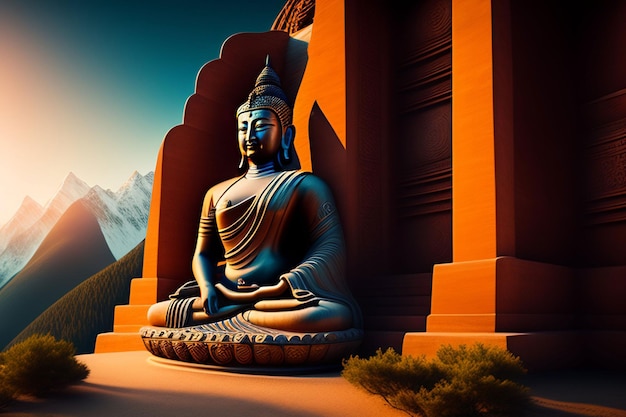 Фото Статуя будды находится перед горным хребтом.