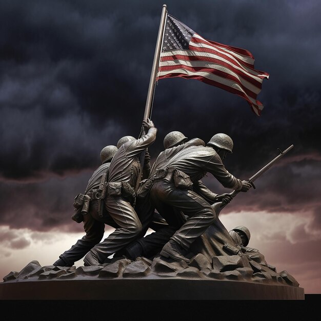 사진 미국 국기가 달린 군인 동상