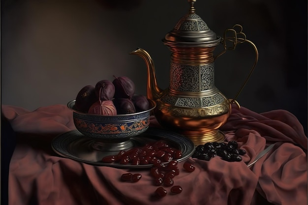 Фото Натюрморт с чайником и миской инжира