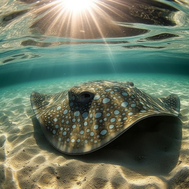 写真 エイが太陽の光を受けて砂の中に水中にいます。