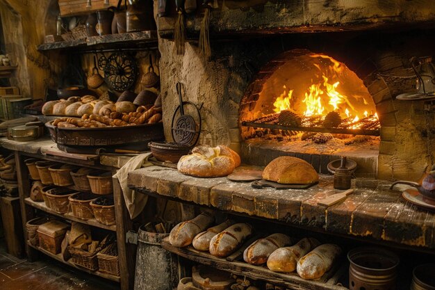 Фото Каменная печь, наполненная большим количеством хлеба.