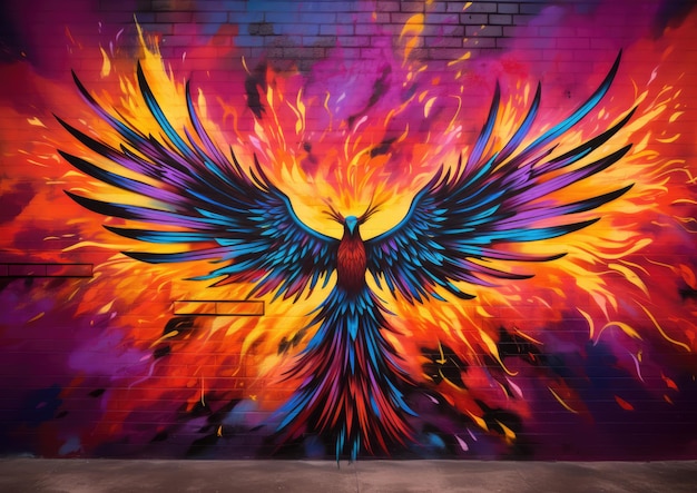 写真 ストリートアートの壁画 灰から生まれたフェニックス 翼を広げて象徴する