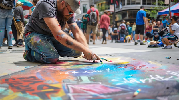 사진 거리 예술가 한 명 은 보행자 길 에 있는 다채로운 도자기 그림 을 그리는 일 에 열심히 일 하고 있다