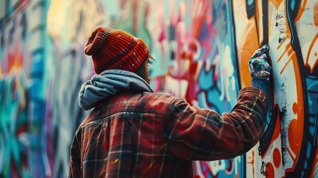 写真 赤い帽子と手袋をかぶったストリートアーティストが壁にグラフィティの壁画をスプレーで描いています 壁画はカラフルで抽象的です