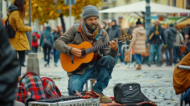 Фото Уличный музыкант играет на гитаре и поет на переполненной пешеходной улице
