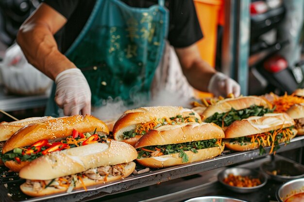 사진 길거리 판매자 는 전통적 인 반 (banh) 을 능숙 히 제작 하고 있다.