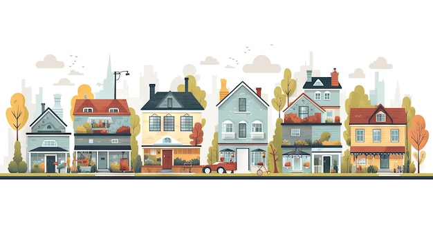 Фото Улица с милыми жилыми домами в окрестностях архитектуры пригородов или деревенских коттеджей, сгенерированных ии