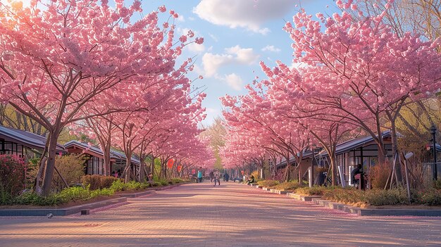 写真 背景に多くのピンクの桜の木がある通り