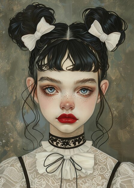 写真 鮮やかな青い目と赤い唇を持つ白皮の女性を描いた印象的な肖像画
