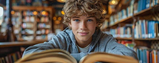 Foto a student eagerly flipping textbooks background