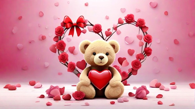 写真 テディ・デイのコンセプトで心のシンボルを握っているテディベアの素晴らしいバレンタインの背景