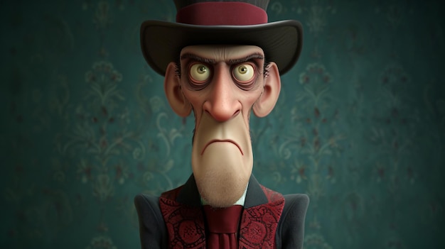 Фото a stylish cartoon man with a dapper top hat and an oxblood red vest depicted in a captivating 3d headshot illustration this charismatic character exudes sophistication and charm making hi