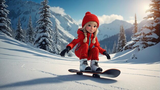 Фото Стилизованный 3d-карикатурный фильм с симпатичной девушкой в красном лыжном костюме
