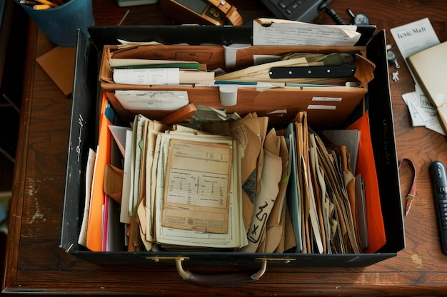 사진 여러 가지 서류 와 문서 로 가득 찬 가방 이 조직적 인 혼란 을 일으키고 중요 한 서류 로 가득 차 있는 파일 조직기