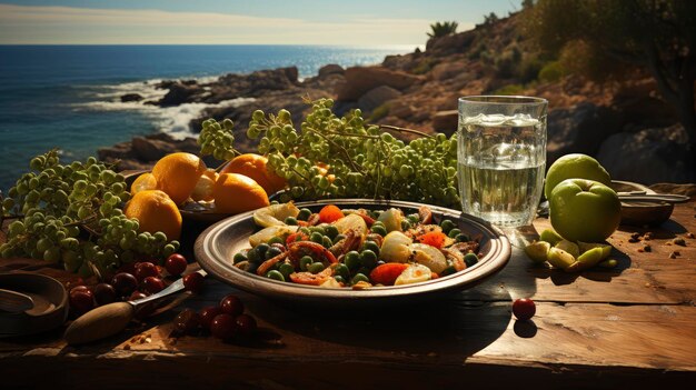 사진 바다 를 내려다 볼 수 있는 시골 의 나무 테이블 에 놓인 화려 한 지중해 식사