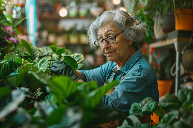 写真 茂った緑とエキゾチックな花を展示する 太陽に照らされた植物の店 知識のある高齢の女性