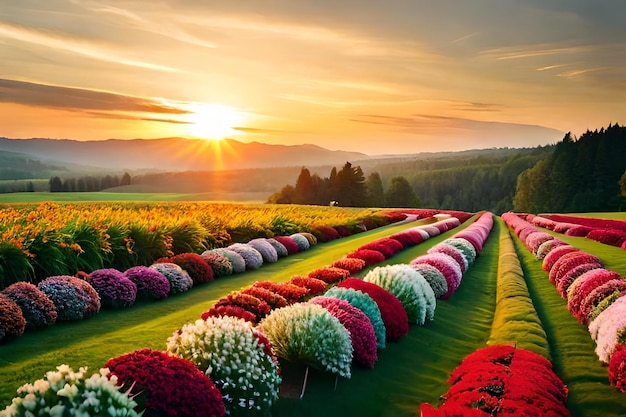 写真 花の畑の上の夕暮れ