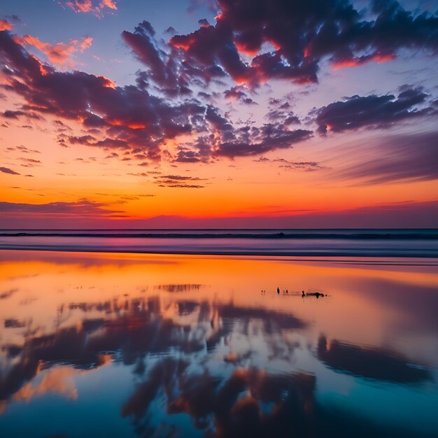 写真 前景の波と背景の夕暮れの大きなオレンジ色の太陽が浮かぶ湖の上での夕暮れ