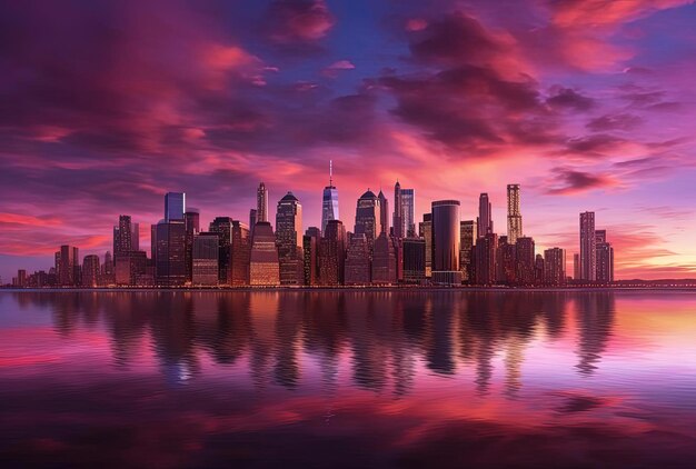 Фото Закат над городскими огнями в нью-йорке в стиле светло-коричневого и фиолетового
