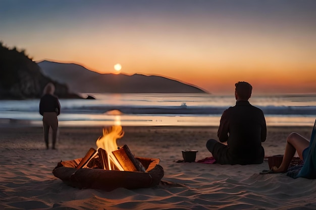 写真 キャンプファイヤーのそばに座っている男性とビーチに座っている女性の夕暮れ