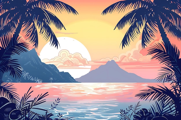 写真 背景に熱帯の島がある日没