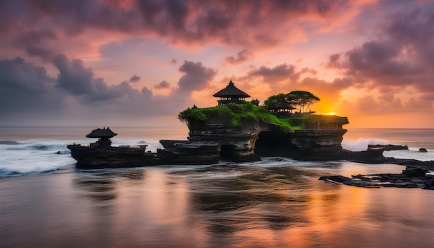 写真 背景に熱帯の島がある日没