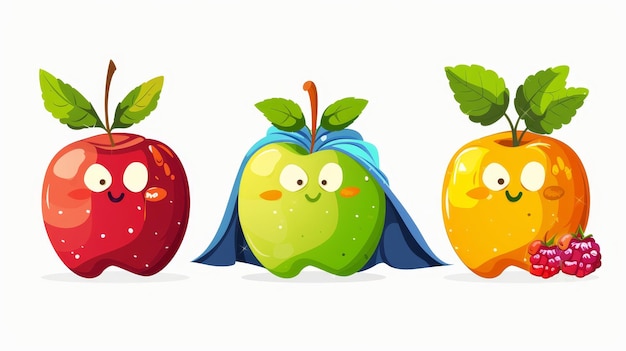 Фото Фруктовый набор с супергероями, яблоками и апельсинами в костюмах супергероев, садовые супергерои, здоровая еда, мультфильмы, современная иллюстрация