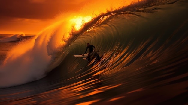 写真 サーファーが夕日の前で波に乗っています。