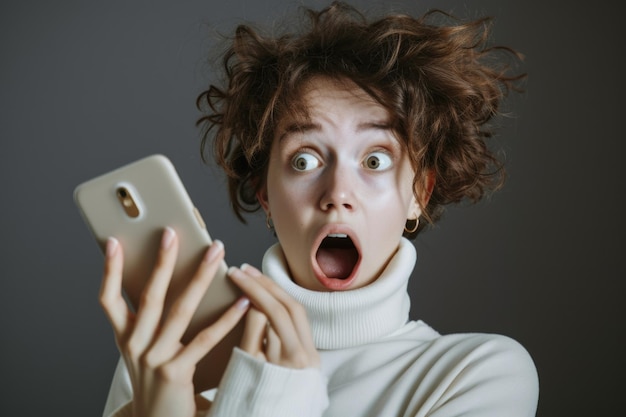 Фото Удивленная женщина с расширенными глазами и открытым выражением рта держит мобильный телефон в руке, глядя на экран с недоверием