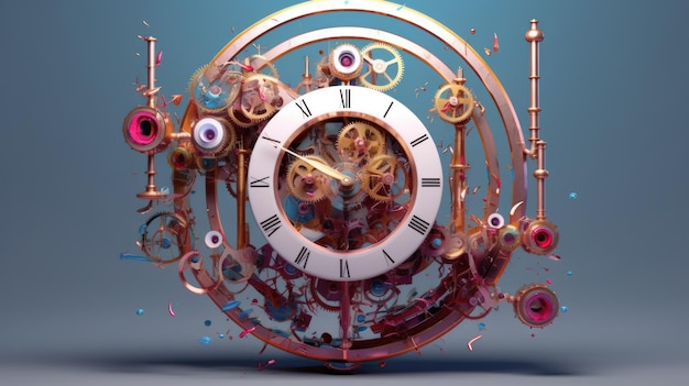 Фото Сюрреалистический дизайн часов, в котором шестерни и пружины внутри часового механизма деформированы. он отражает ощущение безвременья и нереальности. создано с помощью генеративного ии.