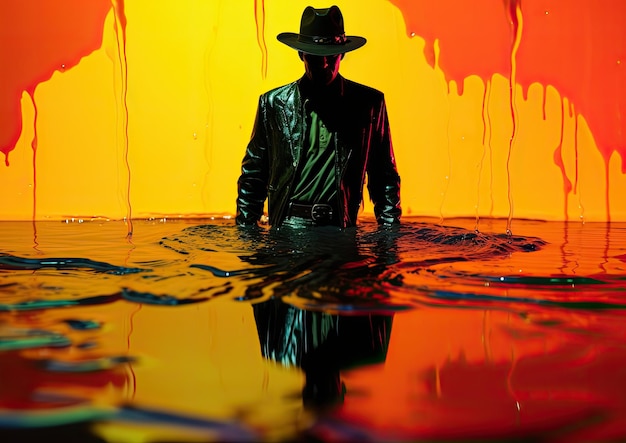 写真 から撮影された、鮮やかな色のプールに溶け込む保安官のシルエットの超現実的な画像