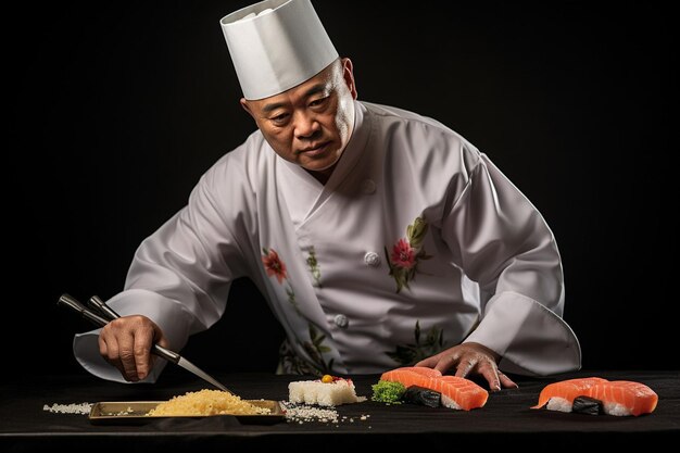Фото Шеф-повар суши подает блюдо из первоклассной рыбы