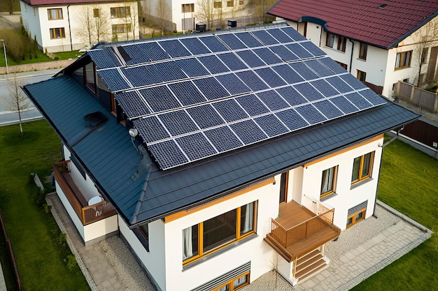 Фото Устойчивый дом с солнечными панелями на крыше, использующими чистую энергию