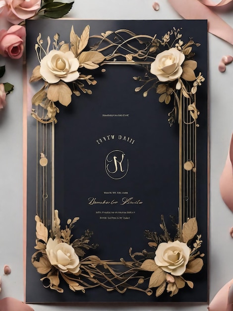 写真 甘い花と豪華な結婚式の招待カード 編集可能なテキスト