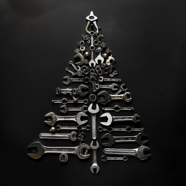 Фото Символическая рождественская елка, сделанная из строительных инструментов на черном фоне