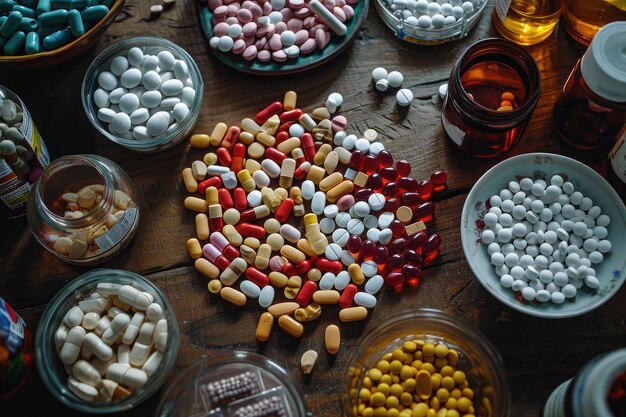 Фото Стол, украшенный многочисленными разновидностями таблеток, разбросанных по его поверхности стол, заполненный различными типами опиоидов