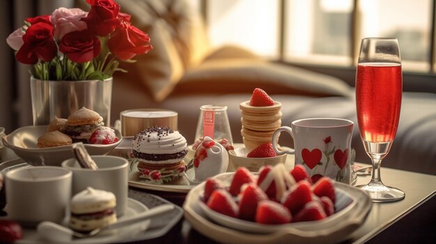 写真 食べ物でいっぱいのテーブルと花瓶