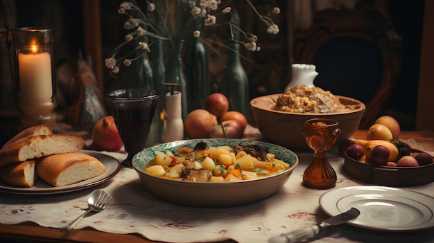 사진 음식 접시와 와인 한 잔을 포함하여 음식으로 가득 찬 테이블.