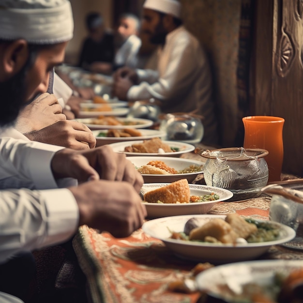 写真 食べ物でいっぱいのテーブルの上で食事をしている男性。