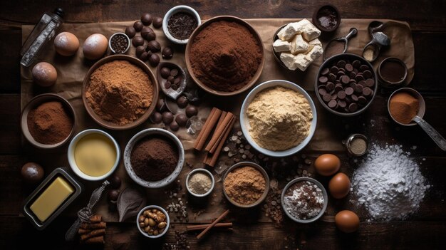 Фото Стол, полный ингредиентов, включая шоколад, какао и шоколад.