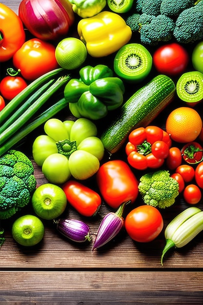 Фото Стол, полный овощей, включая брокколи, перцы и помидоры.