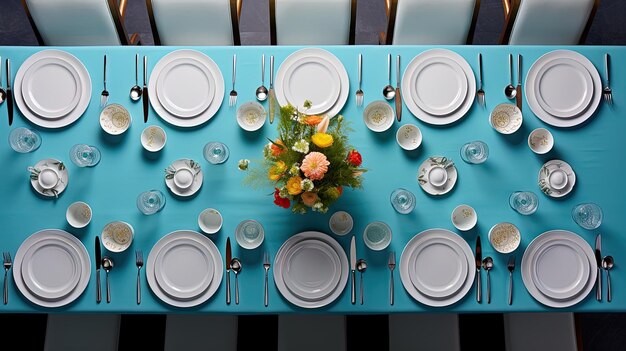 사진 식사를 위한 테이블, 그 위에 식탁과 접시가 있습니다.