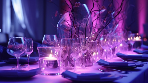 写真 詳細なモノクロ uhd 画像のスタイルで紫色の照明を備えたイベント用に設定されたテーブル