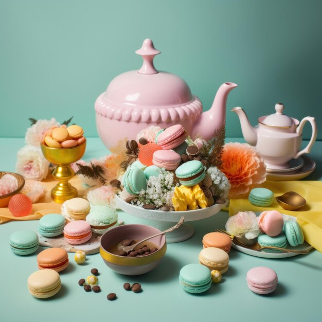 Фото Стол с тарелкой макарон рядом с чайником, генеративное изображение ии