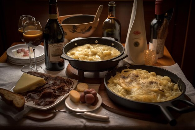 사진 와인 한 병이 있는 테이블과 와인 한 병이 있는 음식 접시.
