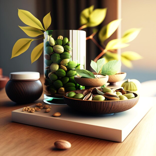 写真 緑のナッツが入ったボウルと緑の葉が入った花瓶のあるテーブル