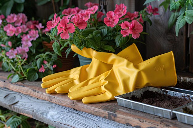Фото Стол с букетом цветов и оловянной сковородкой с грязью в ней и желтой перчаткой на вершине