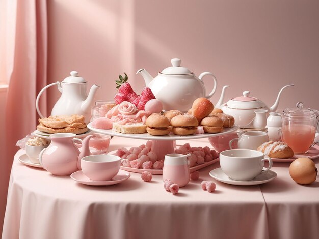 写真 ピンクのテーブルクロスと花の花瓶のあるテーブル